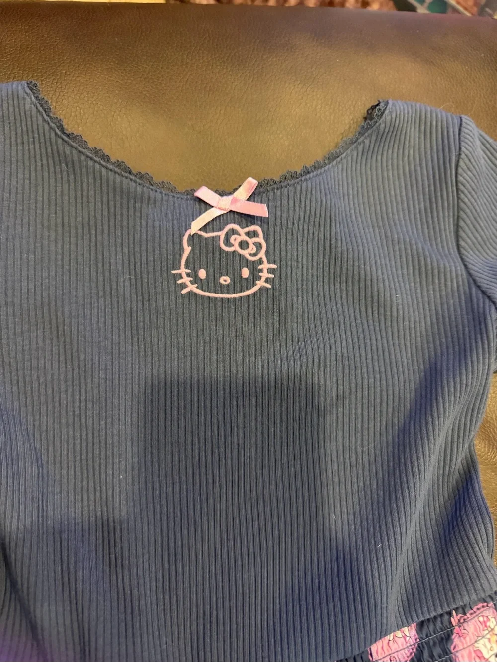 Hello Kitty Navy and Pink Ribbed Top with Floral Accents